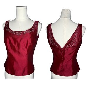 Vintage Michaelangelo Wine Red Embroidered Button Back Structured Top